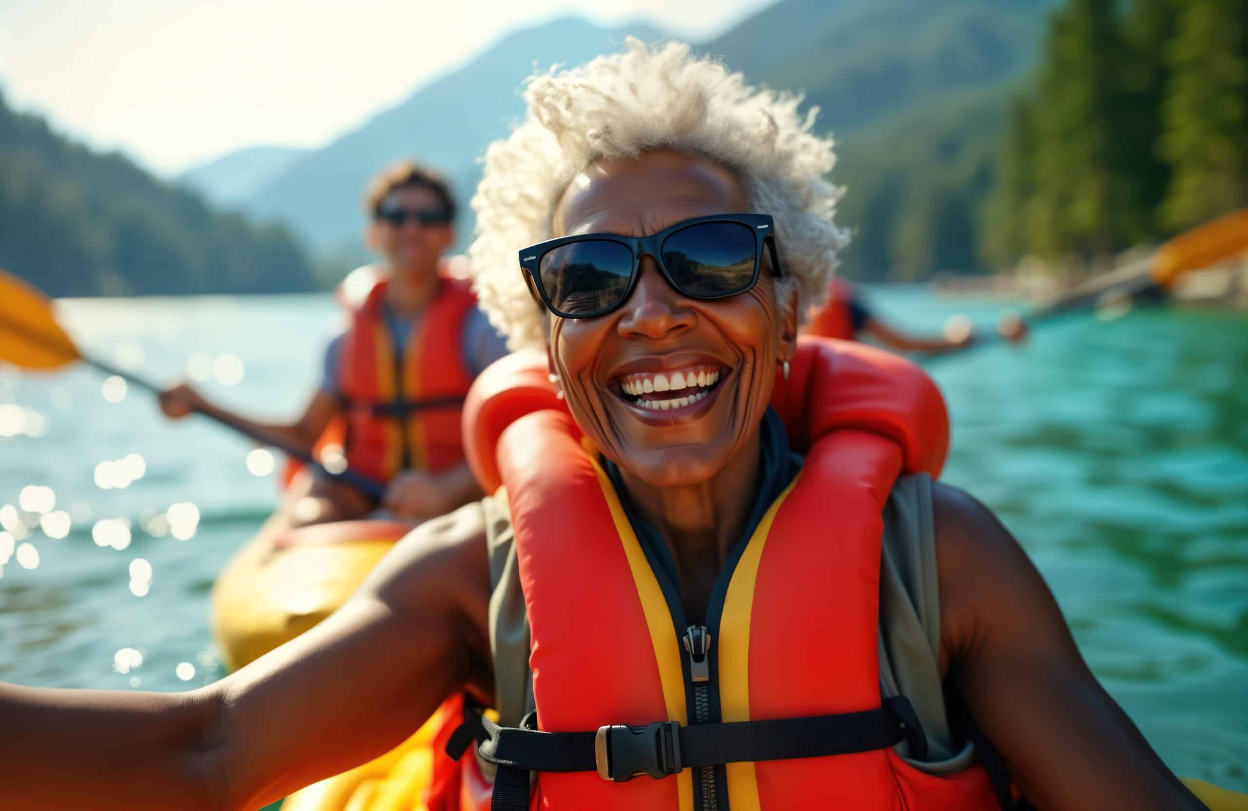 Elderly African American woman enjoys kayaking with friends on lake. Smiles happily, wears life vest. Group enjoying active recreation on water. Summer day outdoors. Senior citizens on vacation. Good
