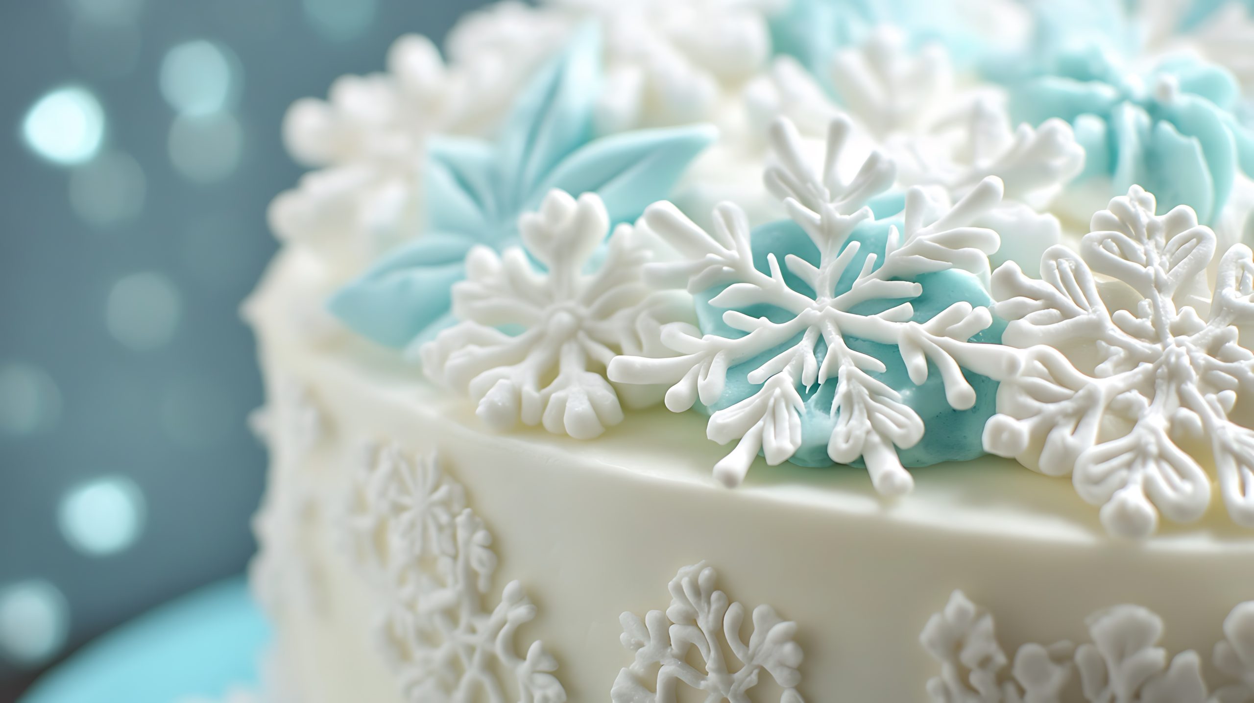 A winter wonderland cake with white icing snowflake decorations and icy blue accents