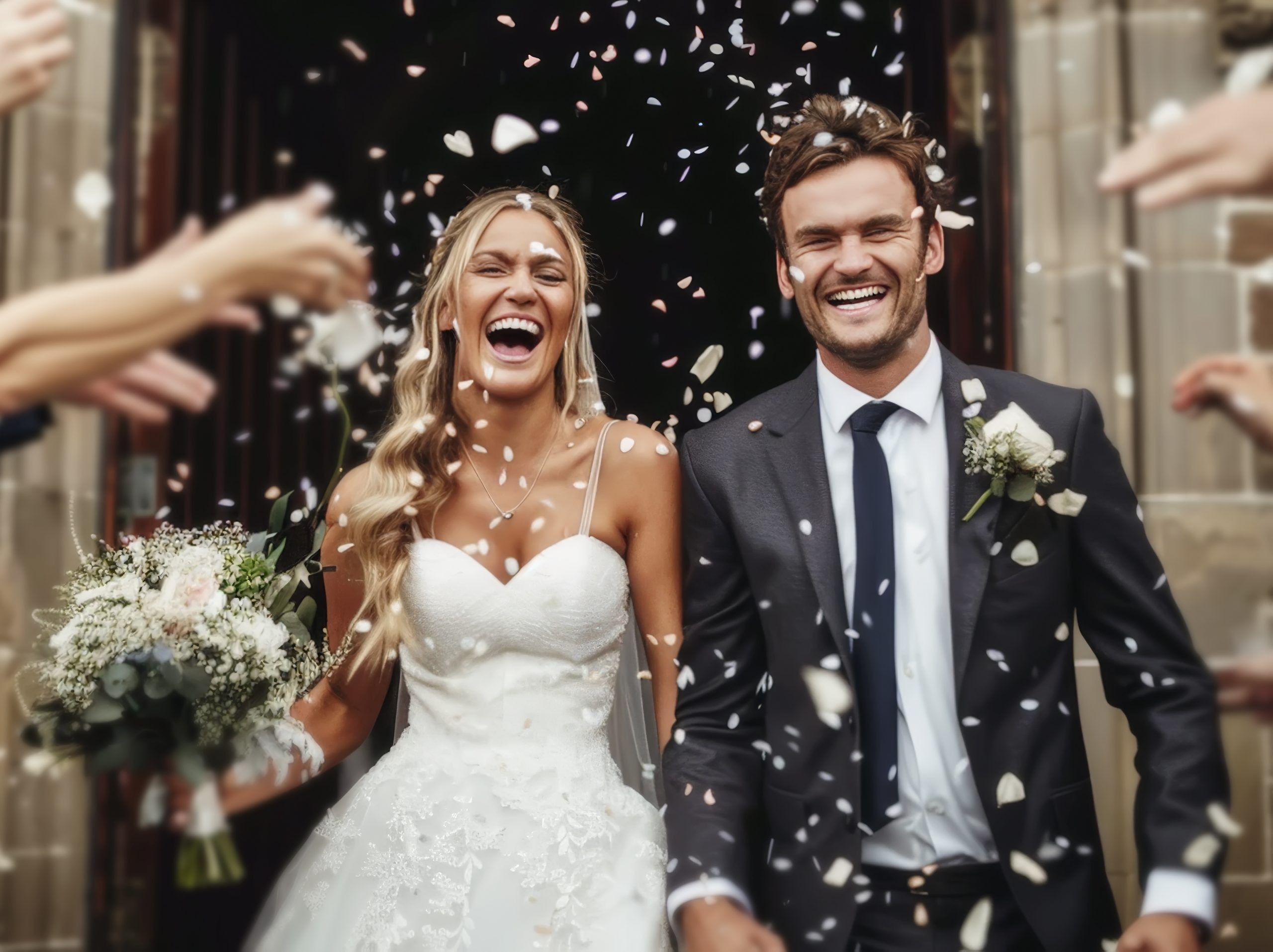 Pareja de hombre y mujer recién casados saliendo sonrientes de la iglesia, ella con vestido blanco de tirantes y un ramo de flores en su mano y el traje con corbata negra, llenos de confetti