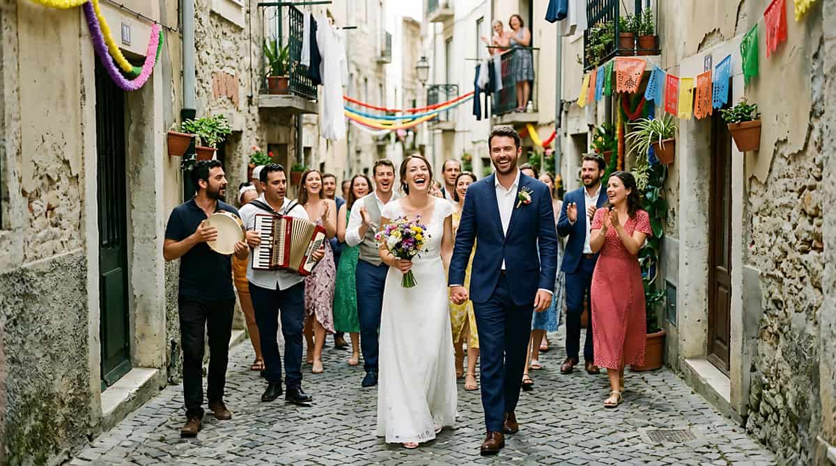 Happy-Wedding-Couple-and-Guest-Walking-Together Wedding group walk to ceremony together