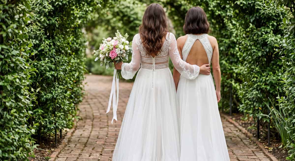 Same-Sex-Couple-Walking-to-Garden-Ceremony Bride and bride walking to garden ceremony