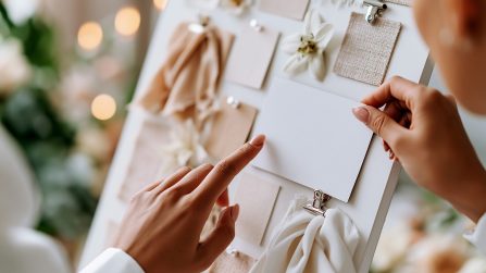 Summer wedding planning moodboard, hands pinning fabric swatch, blank card, clip, soft bokeh, neutral palette, elegant bridal event styling.