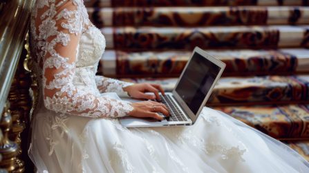 Bride with a laptop and bouquet, symbolizing modern wedding planning.